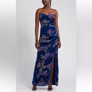 Lulus Exquisite Floral Velvet Burnout Strapless Gown Blue Size Large